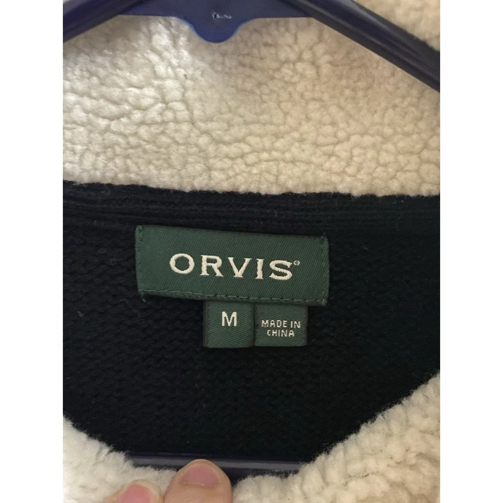 Orvis Men's Navy Blue Lambs Wool Pullover Sweater  Suede Sherpa Collar 1/4 Zip M
